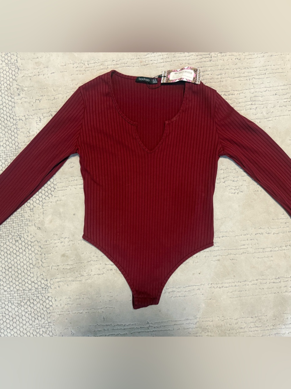 Boohoo Women's Ribbed Burgundy Halter Long Sleeve Top NWT